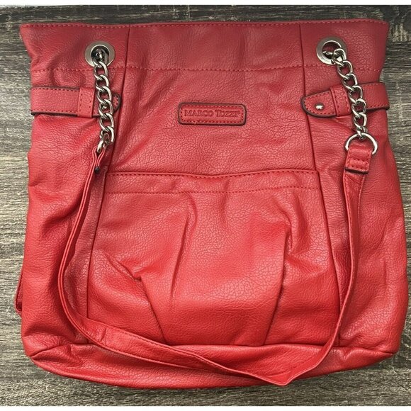 Marco Tozzi Red Faux Leather Bag w/Double Partial Silver Chain Straps - Picture 1 of 9